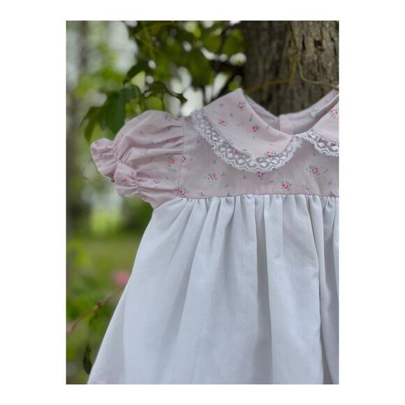 Vintage Mini Togs Dress Pinafore Style Short Puff Sleeve Pink Floral - Picture 3 of 3